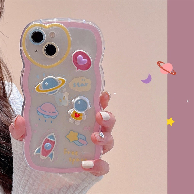 Korean Cute 3D Astronaut Clear Phone Case For iPhone 11 12 13 Pro XS Max X XR wave Border Love Heart Lens Protective Back Cover