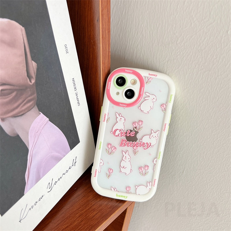 Yickyue Cute Cartoon Rabbit Phone Case For apple iPhone 14 Plus 11 12 13 Pro Max 14pro Soft Clear Cover Girly Pink Puff Shockproof Capa
