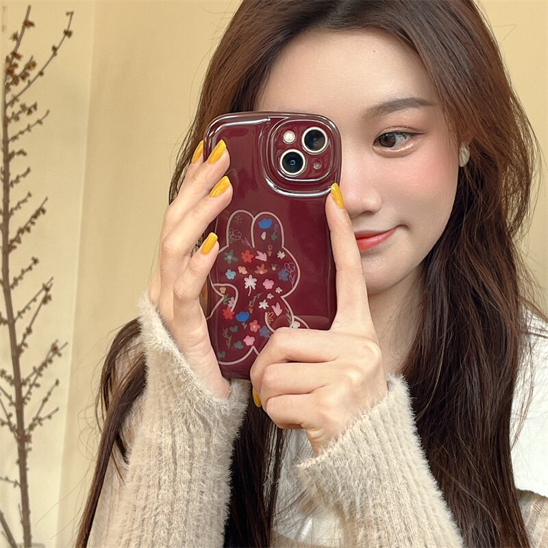 Yickyue Air Bag Shockproof Capa Phone Case For apple iPhone 14 Plus 11 12 13 Pro Max Soft Cover Cute Cartoon Rabbit Flowers Red Shell