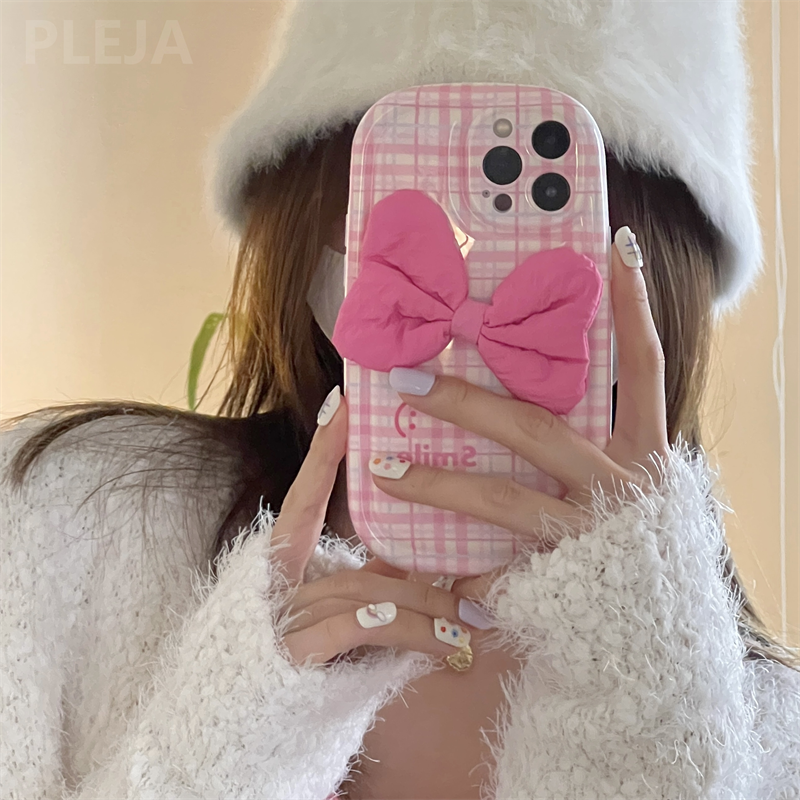 Yickyue Cute Pink Bowknot Grids Phone Case For iPhone 14 13 12 11 Pro Max IMD Soft Silicone Protector Cover For iPhone 14pro Funda