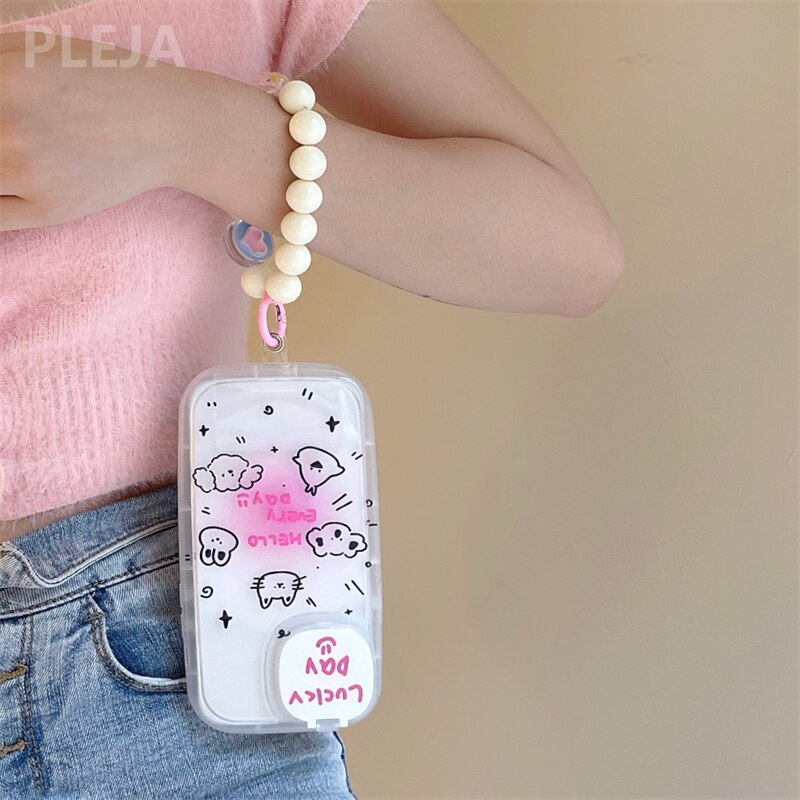 Yickyue Cute Mirror Lens Stand Bracket Phone Case For iPhone 13 12 11 Pro Max XS Max XR X Cartoon Clear Cover Hand Chain Strap Fundas