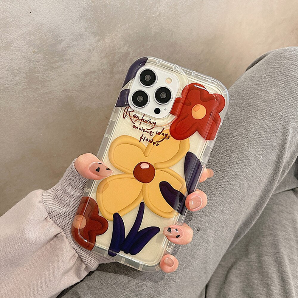 Yickyue Retro Oil Painting Flower Transparent Phone Case For iPhone 14 11 13 12 Pro Max 14 Plus 7 8 Plus SE Air Cushion Shockproof Cover