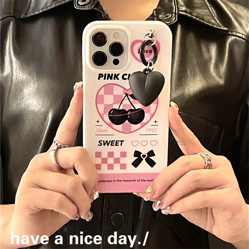 Korean Bow Black Love Heart Pendant Phone Case For iphone 13 11 12 Pro XS Max XR X 7 8 Plus Friend Gift White Glossy Soft Cover