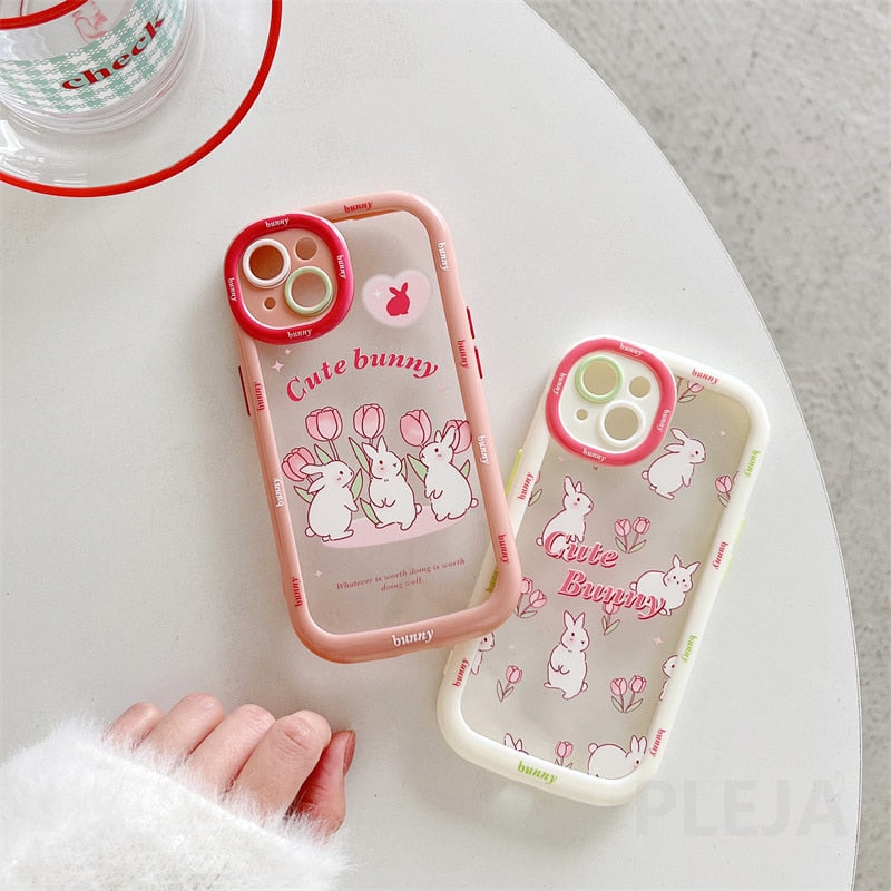 Yickyue Cute Cartoon Rabbit Phone Case For apple iPhone 14 Plus 11 12 13 Pro Max 14pro Soft Clear Cover Girly Pink Puff Shockproof Capa