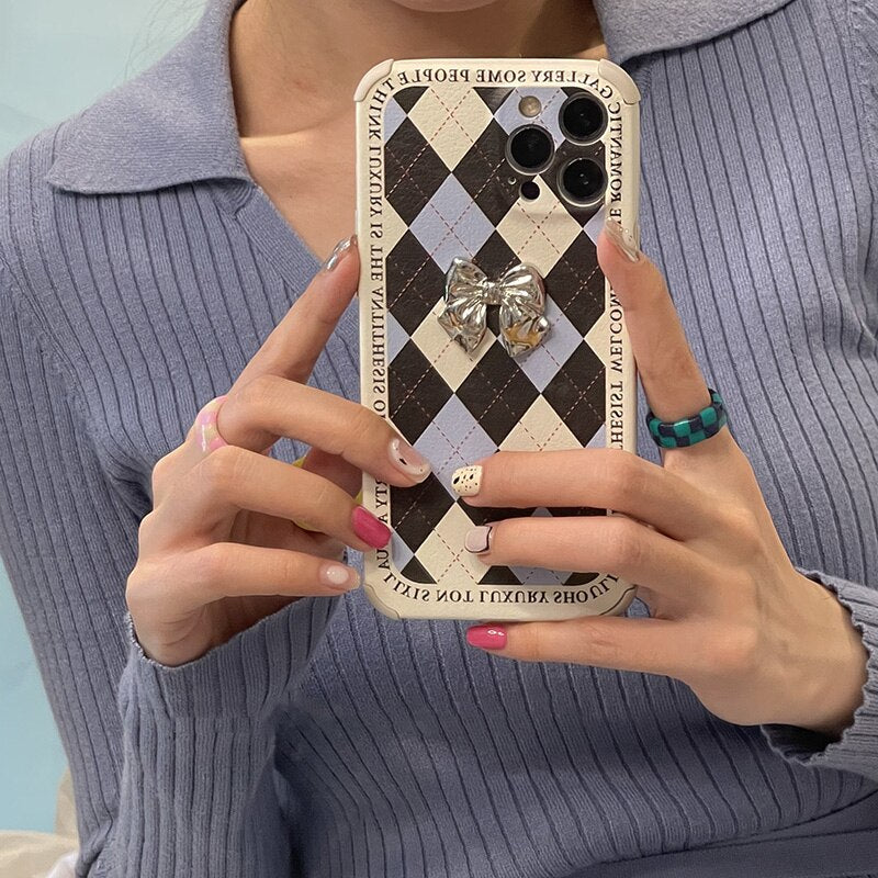 Korean Plating Bow Knot Protective Anti-fall Phone Case For iPhone 13 12 11 Pro Max XS MAX XR X 8 7 Plus Soft Leather Cover Gift