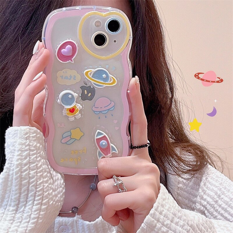 Korean Cute 3D Astronaut Clear Phone Case For iPhone 11 12 13 Pro XS Max X XR wave Border Love Heart Lens Protective Back Cover