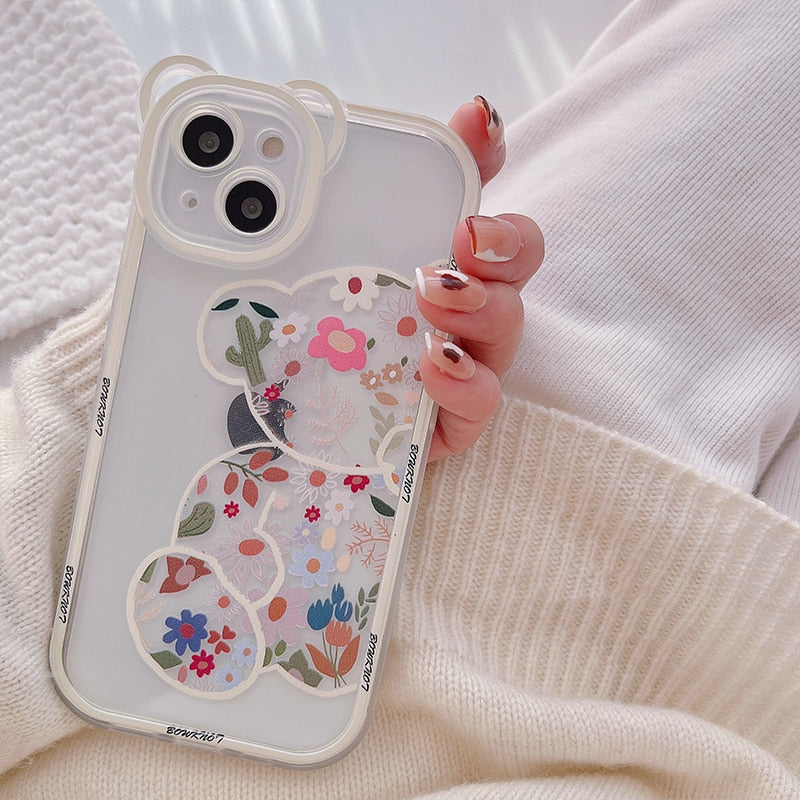 Creative Bear Rabbit Animal Phone Case For iPhone 11 12 13 Pro Max X XS Max XR Flowers Clear Shockproof Lens Protection Cover