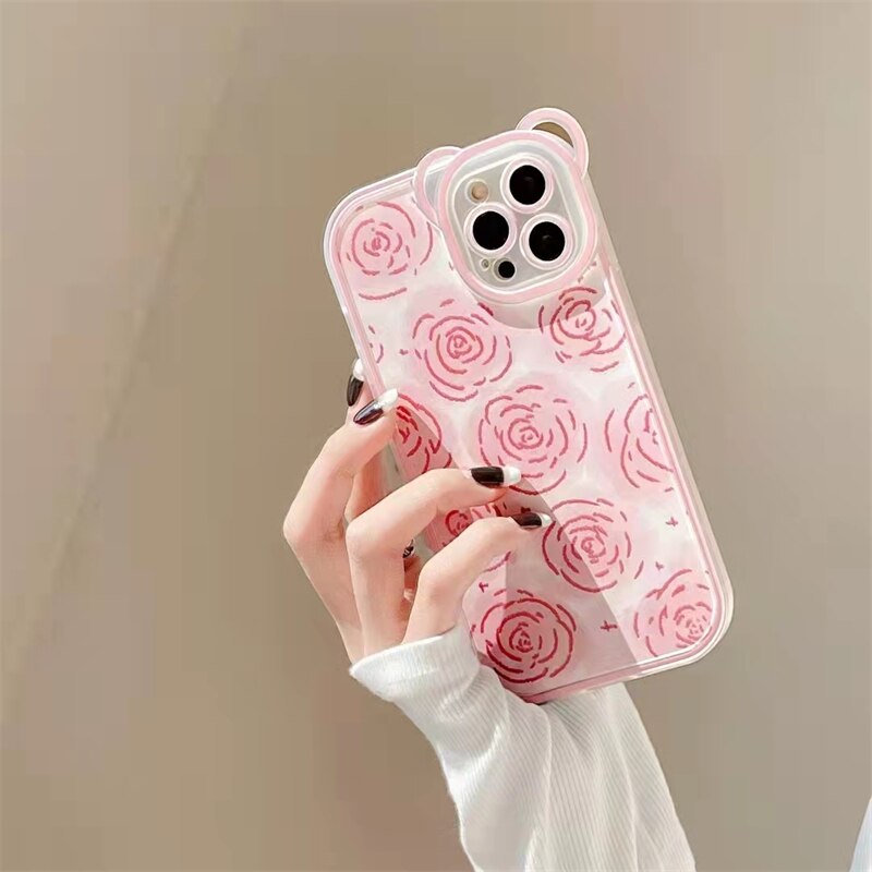 Creative Bear Rabbit Animal Phone Case For iPhone 11 12 13 Pro Max X XS Max XR Flowers Clear Shockproof Lens Protection Cover