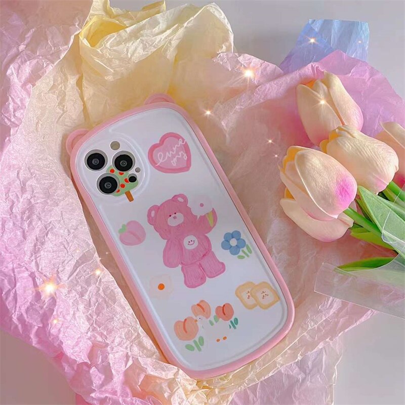 Korean Cute Bear Ear Folding Car Holder Stand Silicone Mobile Phone Case For iPhone 13 11 12 Pro Max XR X XS Max Back Cover Gift