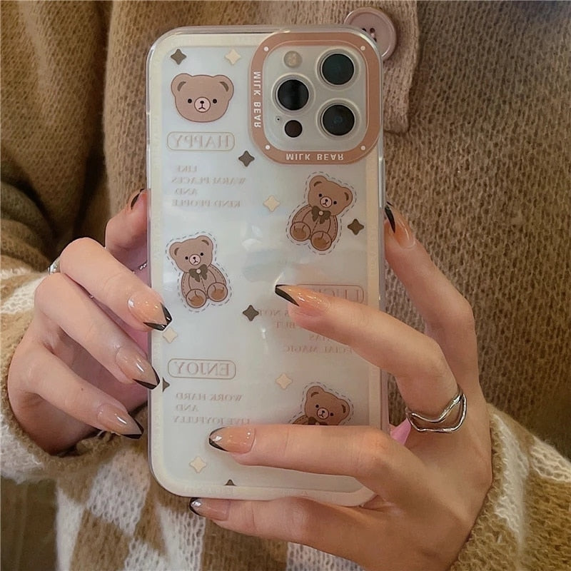 Yickyue For iPhone 11 Case Retro Chocolate Bear Phone Case For iPhone 13 12 11 14 Pro Max Xs Max XR X Lens Protection Cute Silicon Cover
