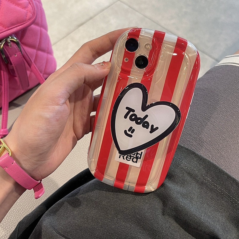Korea Cute Girl Stripes Love Heart Stand Bracket Phone Case For iPhone 14 13 12 11 Pro XS Max XR Clear IMD Shockproof Soft Cover
