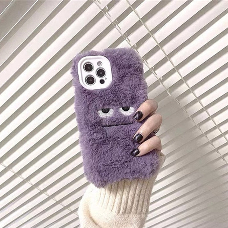 Korean Cute Funny Fur Fluffy Phone Case For iphone 13 12 11 Pro MAX Mini X XS XR 7 8 Plus SE  Girl Cover Soft Plush Coque