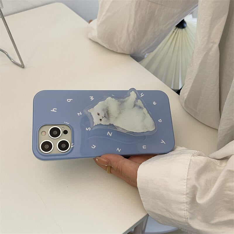 Korea Cute Letters Cat Bracket Phone Case For iPhone 13 12 11 Pro XS Max X XR Animal Holder Protective Soft Glossy Back Cover