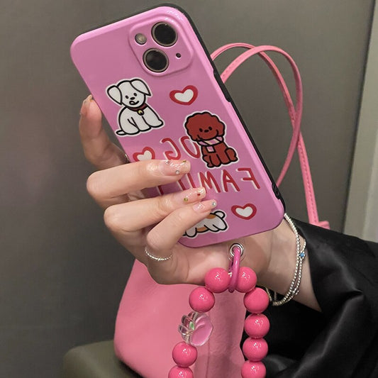 Cartoon Pet Animal Dog Letter Pink Phone Case For iphone 13 12 11 Pro XS MAX XR 7 8 Plus SE Round Bead Bracelet IMD Phone Cover