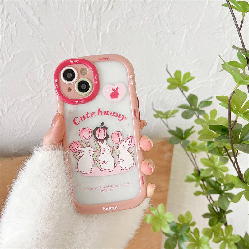 Yickyue Cute Cartoon Rabbit Phone Case For apple iPhone 14 Plus 11 12 13 Pro Max 14pro Soft Clear Cover Girly Pink Puff Shockproof Capa