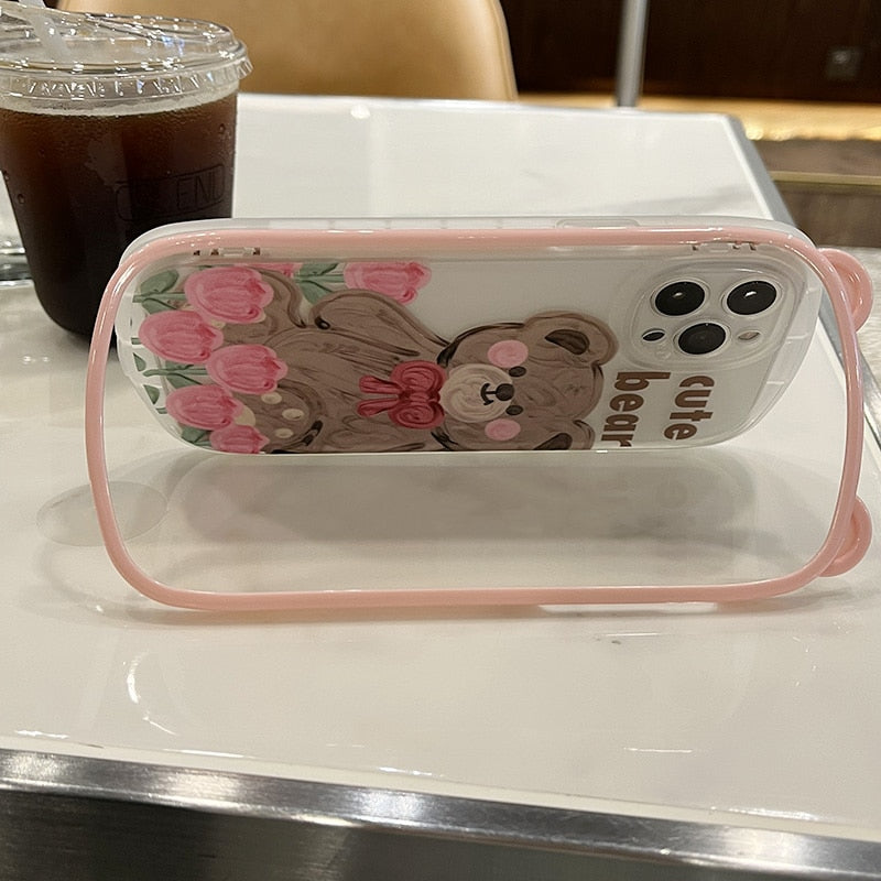 Korean Cute Bear Ear Folding Car Holder Stand Silicone Mobile Phone Case For iPhone 13 11 12 Pro Max XR X XS Max Back Cover Gift