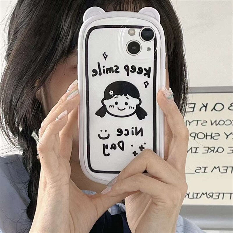 Korean Cute Bear Ear Folding Car Holder Stand Silicone Mobile Phone Case For iPhone 13 11 12 Pro Max XR X XS Max Back Cover Gift