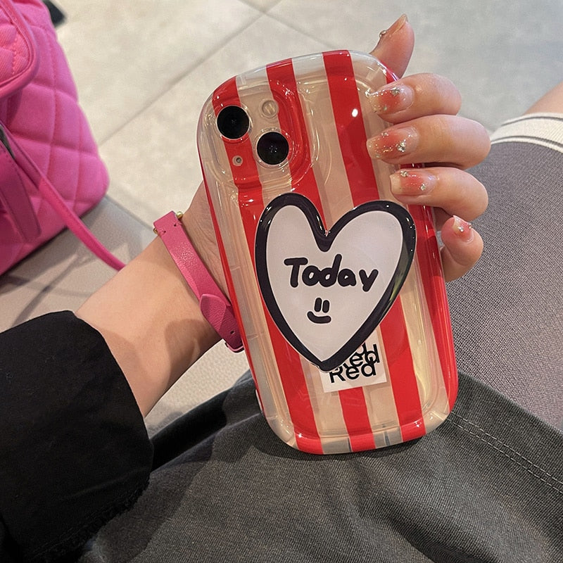 Korea Cute Girl Stripes Love Heart Stand Bracket Phone Case For iPhone 14 13 12 11 Pro XS Max XR Clear IMD Shockproof Soft Cover