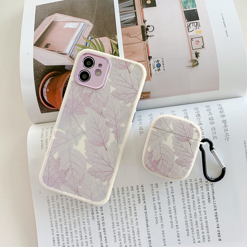 Yickyue INS leaf vein painted phone Case For iphone 11 12Pro Max X XR 7 8Plus for airpods Pro 2 1 Earphone case Protective cover