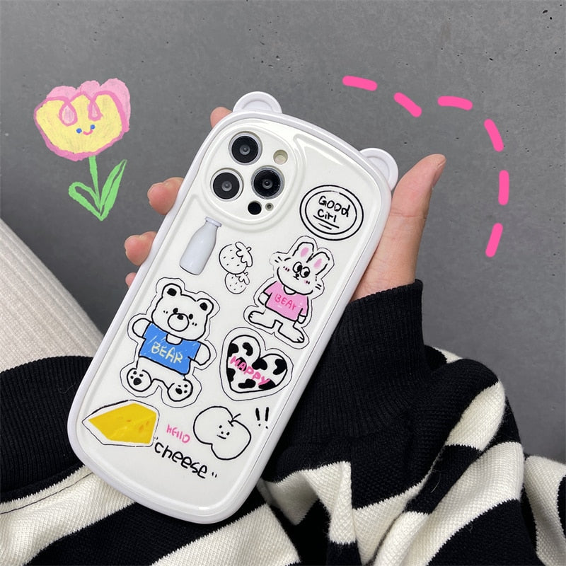 Korean Cute Bear Ear Folding Car Holder Stand Silicone Mobile Phone Case For iPhone 13 11 12 Pro Max XR X XS Max Back Cover Gift