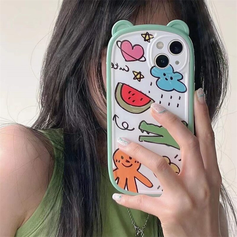 Korean Cute Bear Ear Folding Car Holder Stand Silicone Mobile Phone Case For iPhone 13 11 12 Pro Max XR X XS Max Back Cover Gift