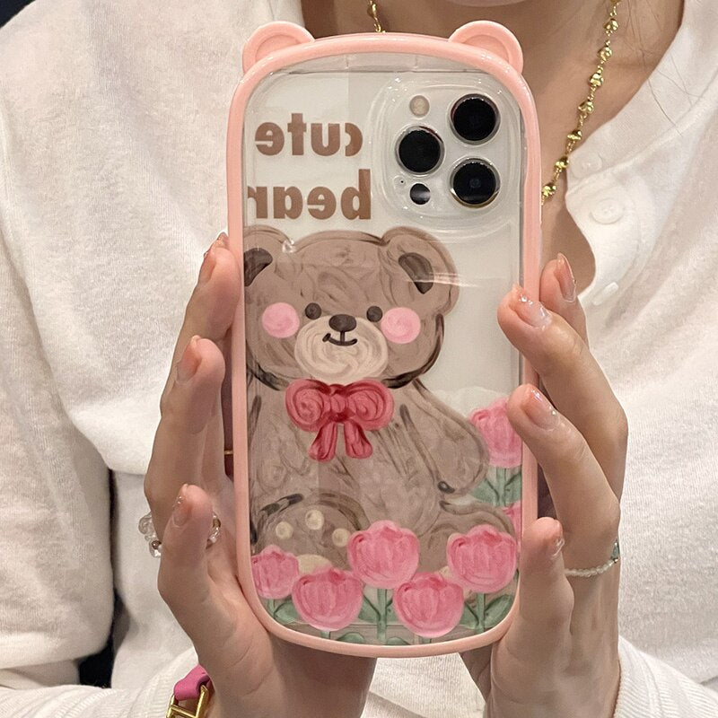 Korean Cute Bear Ear Folding Car Holder Stand Silicone Mobile Phone Case For iPhone 13 11 12 Pro Max XR X XS Max Back Cover Gift