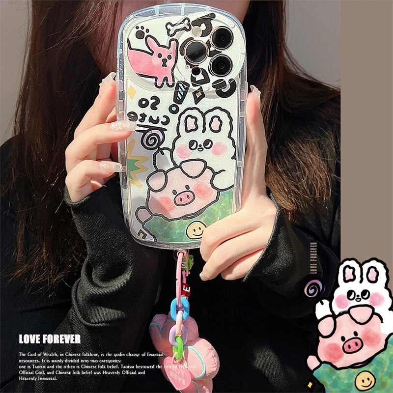 Yickyue Flower Pendant Air Bag Shockproof Phone Case For apple iPhone 14 Plus 11 12 13 Pro Max Soft Cover Cute Cartoon Pig Capa Keychain