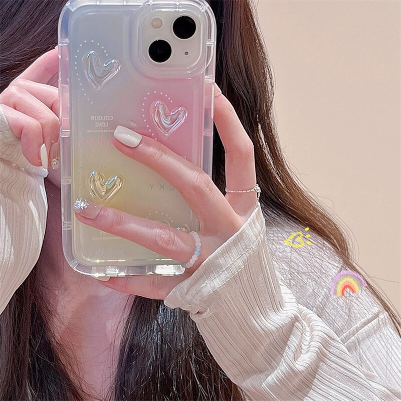 Rainbow Gradient Color 3D Love Heart Transparent Phone Case For iphone 12 11 13 Pro Max Cute Bumper Shockproof Soft Back Cover