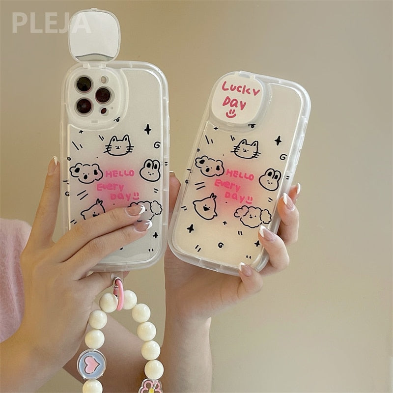 Yickyue Cute Mirror Lens Stand Bracket Phone Case For iPhone 13 12 11 Pro Max XS Max XR X Cartoon Clear Cover Hand Chain Strap Fundas