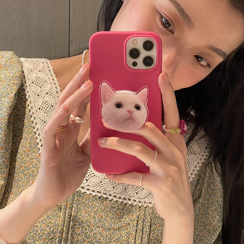Lovely 3D Cat Holder Stand Soft Matte Phone Case For iPhone 13 11 12 Pro Max MiNi XR X XS Max 7 8 Plus SE 2020 3 Pink Back Cover