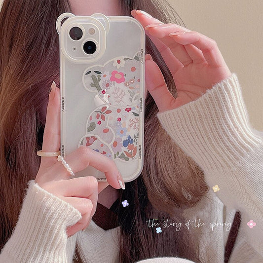 Creative Bear Rabbit Animal Phone Case For iPhone 11 12 13 Pro Max X XS Max XR Flowers Clear Shockproof Lens Protection Cover