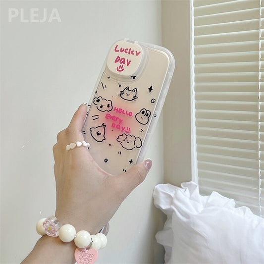 Yickyue Cute Mirror Lens Stand Bracket Phone Case For iPhone 13 12 11 Pro Max XS Max XR X Cartoon Clear Cover Hand Chain Strap Fundas