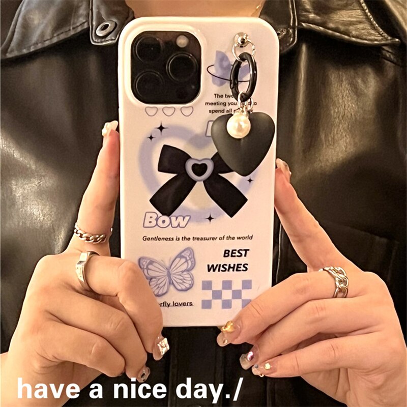 Korean Bow Black Love Heart Pendant Phone Case For iphone 13 11 12 Pro XS Max XR X 7 8 Plus Friend Gift White Glossy Soft Cover