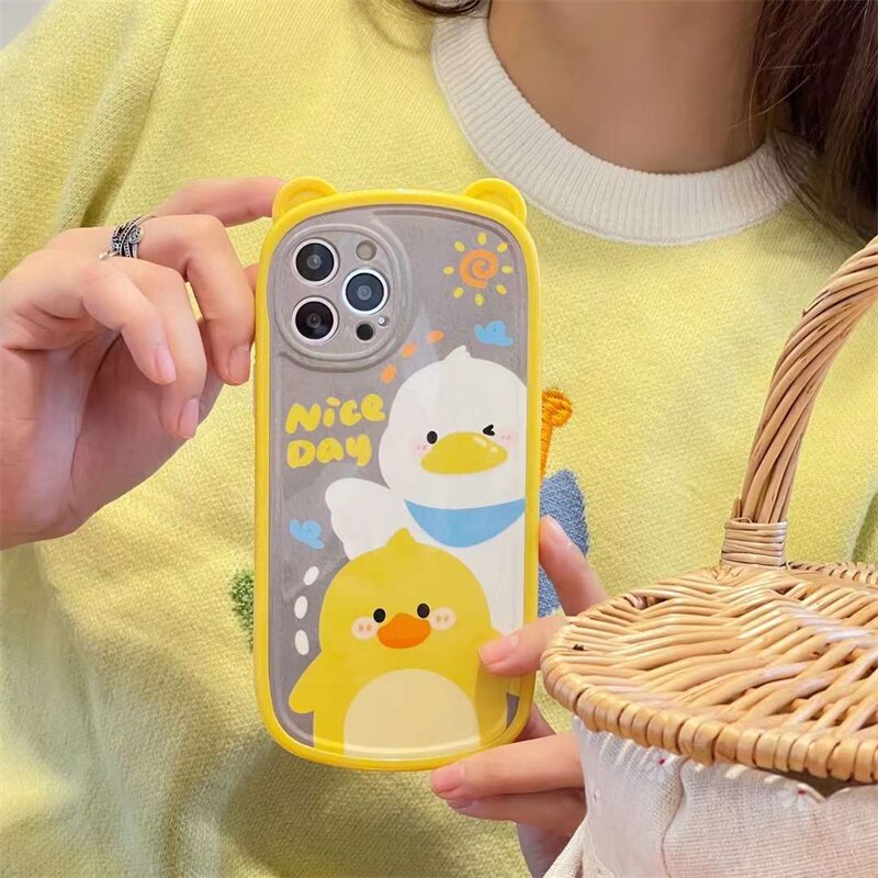 Korean Cute Bear Ear Folding Car Holder Stand Silicone Mobile Phone Case For iPhone 13 11 12 Pro Max XR X XS Max Back Cover Gift
