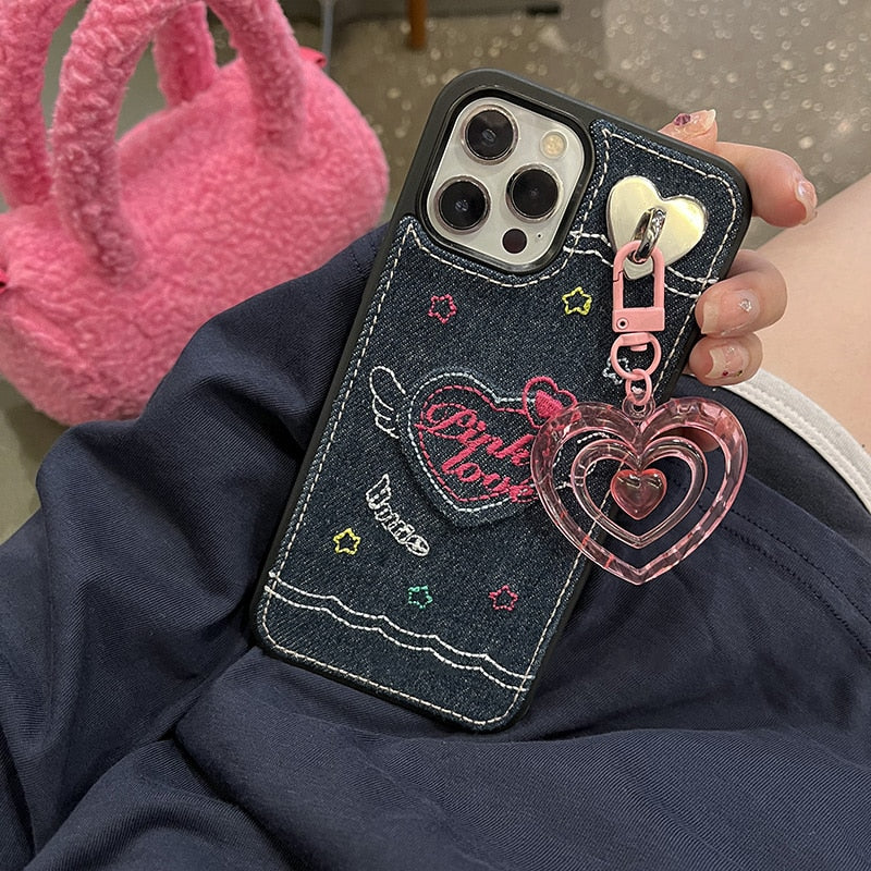 Korean Denim Embroidered Love Heart Phone Case For iphone 13 12 11 Pro XS Max XR X Pink Love Heart Pendant Soft Silicone Cover