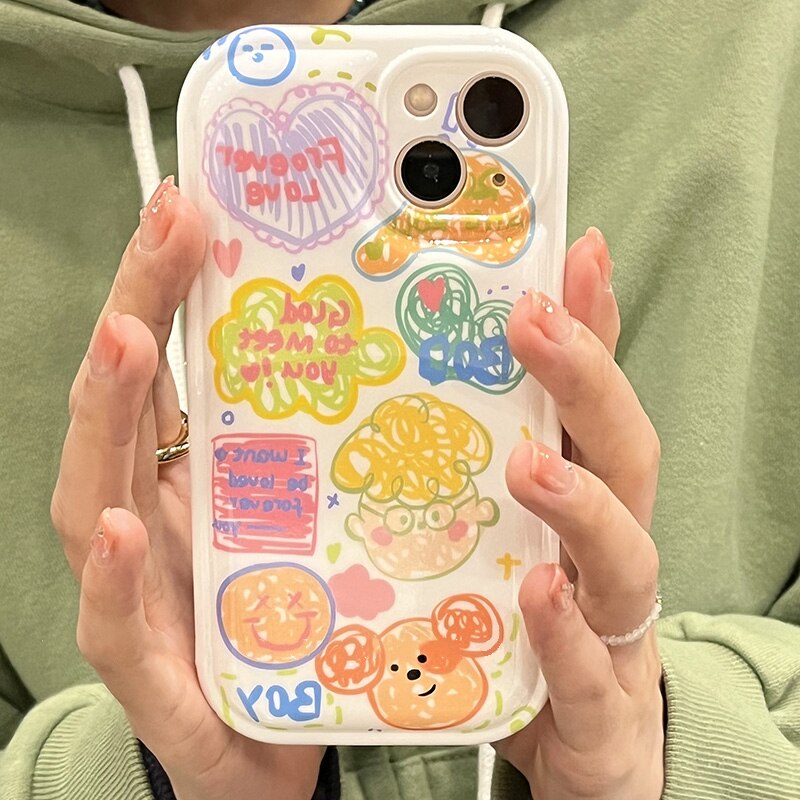 INS Korea Color Graffiti Tide Cute Phone Case For iphone 11 13 12 Pro Max Cartoon Lovely Anti-drop Soft Cover Couple Friend Gift