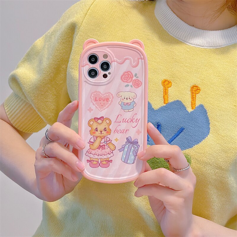 Korean Cute Bear Ear Folding Car Holder Stand Silicone Mobile Phone Case For iPhone 13 11 12 Pro Max XR X XS Max Back Cover Gift