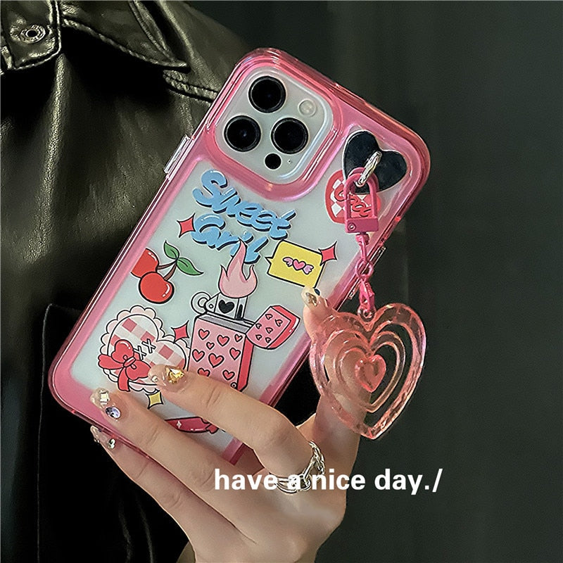 Korea Cute 3D Pink Love Heart Pendant Phone Case For iPhone 13 12 11 Pro XS Max X XR 12 Cartoon Clear Shockproof Soft Back Cover