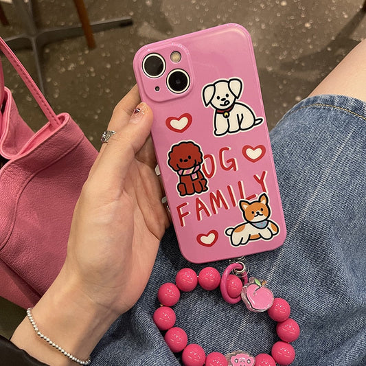 Cartoon Pet Animal Dog Letter Pink Phone Case For iphone 13 12 11 Pro XS MAX XR 7 8 Plus SE Round Bead Bracelet IMD Phone Cover