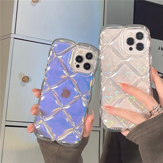 INS Fashion Gradient Laser Love Heart Pattern Clear Phone Case For iPhone 11 13 12 Pro Max Lattice Diamand Shockproof Back Cover