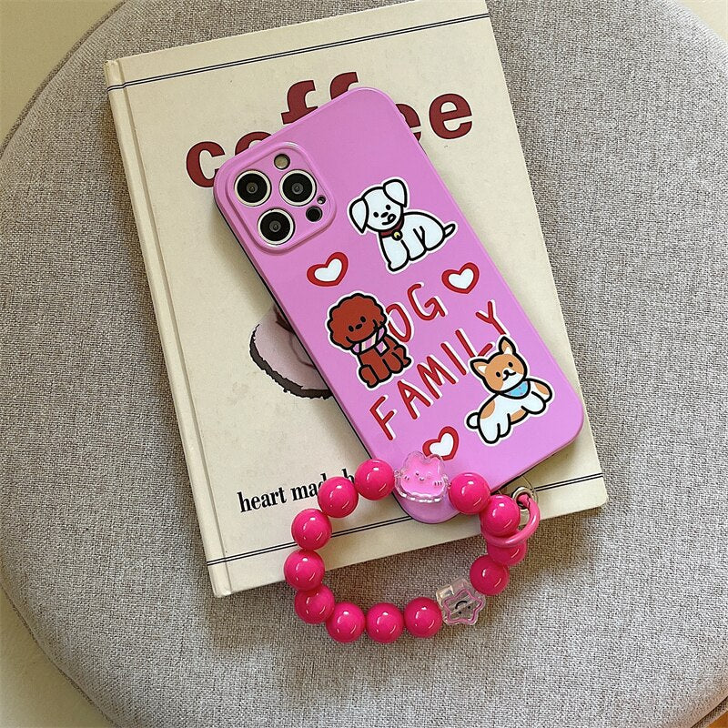 Cartoon Pet Animal Dog Letter Pink Phone Case For iphone 13 12 11 Pro XS MAX XR 7 8 Plus SE Round Bead Bracelet IMD Phone Cover