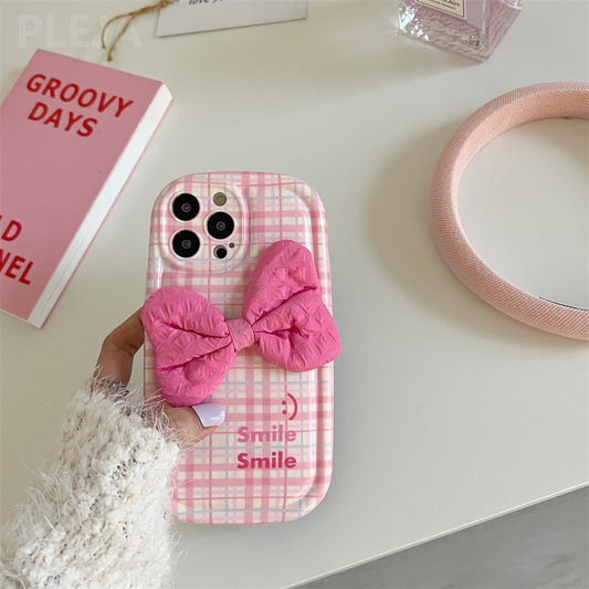 Yickyue Cute Pink Bowknot Grids Phone Case For iPhone 14 13 12 11 Pro Max IMD Soft Silicone Protector Cover For iPhone 14pro Funda