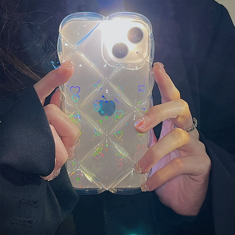 INS Fashion Gradient Laser Love Heart Pattern Clear Phone Case For iPhone 11 13 12 Pro Max Lattice Diamand Shockproof Back Cover