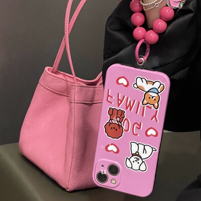 Cartoon Pet Animal Dog Letter Pink Phone Case For iphone 13 12 11 Pro XS MAX XR 7 8 Plus SE Round Bead Bracelet IMD Phone Cover