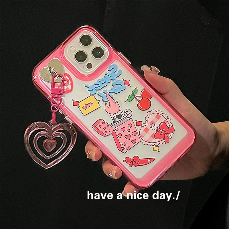 Korea Cute 3D Pink Love Heart Pendant Phone Case For iPhone 13 12 11 Pro XS Max X XR 12 Cartoon Clear Shockproof Soft Back Cover