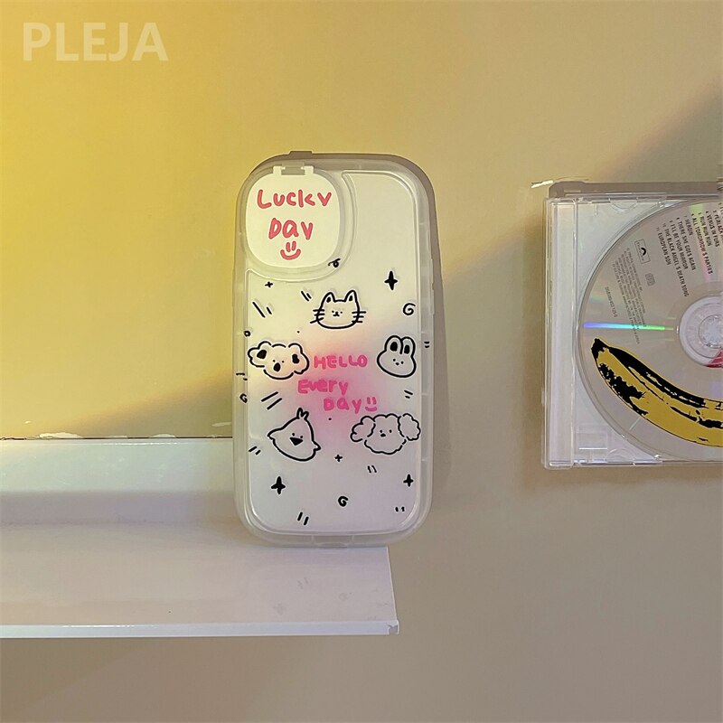 Yickyue Cute Mirror Lens Stand Bracket Phone Case For iPhone 13 12 11 Pro Max XS Max XR X Cartoon Clear Cover Hand Chain Strap Fundas
