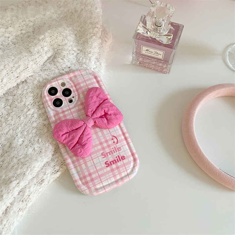 Yickyue Cute Pink Bowknot Grids Phone Case For iPhone 14 13 12 11 Pro Max IMD Soft Silicone Protector Cover For iPhone 14pro Funda