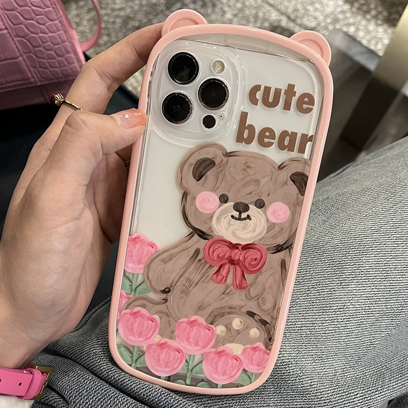 Korean Cute Bear Ear Folding Car Holder Stand Silicone Mobile Phone Case For iPhone 13 11 12 Pro Max XR X XS Max Back Cover Gift