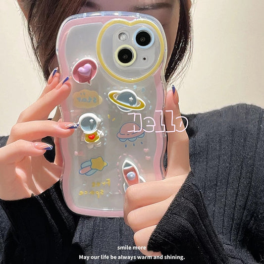 Korean Cute 3D Astronaut Clear Phone Case For iPhone 11 12 13 Pro XS Max X XR wave Border Love Heart Lens Protective Back Cover