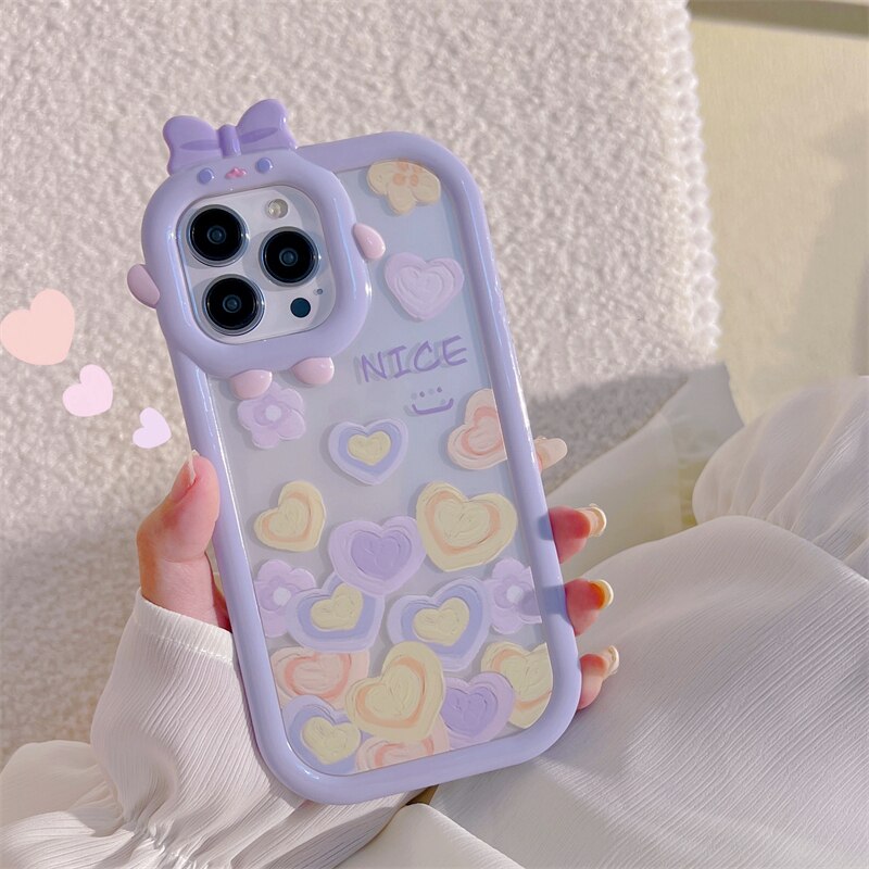Japan Cute Cartoon Purple Monster Lens Protective Phone Case For iPhone 13 12 11 Pro XS Max X XR INS Love Heart Clear Soft Cover